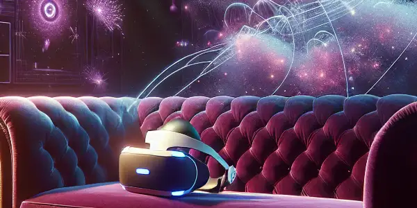 A modern VR headset on a velvet couch, surrounded by holographic visuals in a warm, intimate setting.