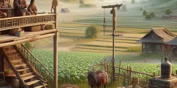 A serene Chinese countryside scene with a rural family, traditional houses, and elements of modern life at dawn or dusk.
