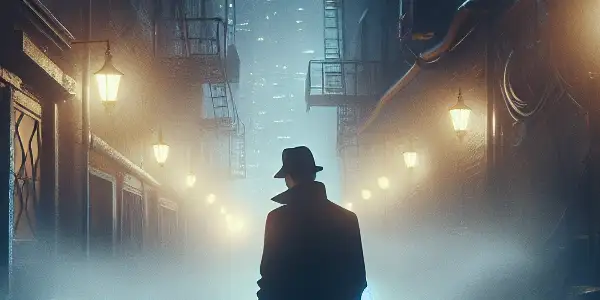 A mysterious figure in a trench coat stands in a foggy urban alley, surrounded by eerie shadows and looming buildings.