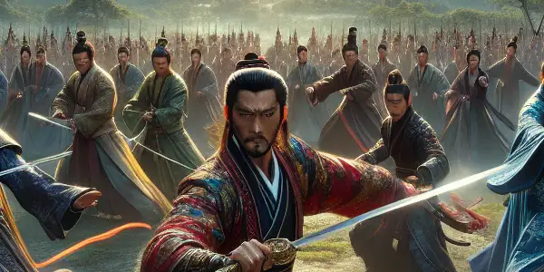 A dramatic confrontation between heroic Qing Dynasty warriors amidst misty mountains and ancient architecture, filled with martial arts action.