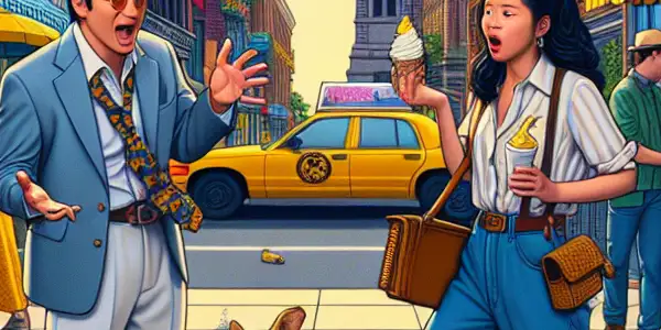 A lively American street scene featuring a humorous argument between two stylish characters amidst comedic mishaps and iconic landmarks.