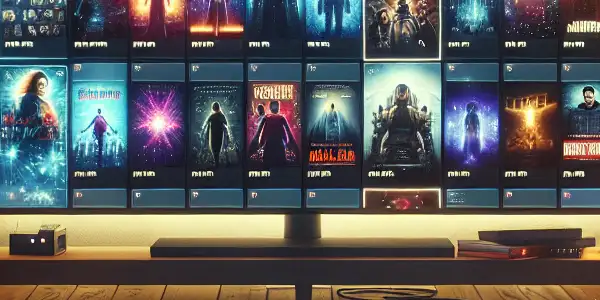 A cozy living room showcasing a modern streaming platform with vibrant film thumbnails and a high-definition TV.