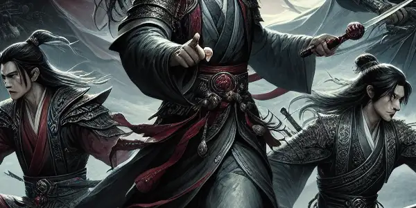 Four detectives in traditional Chinese warrior attire, poised in a misty ancient landscape, embodying suspense and action.