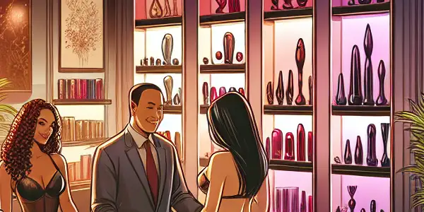 A sophisticated adult novelty store with stylish displays, engaging staff, and a warm, inviting atmosphere.