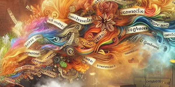 A cozy writing workspace with a focused writer, books, a laptop, and swirling colors of inspiration.