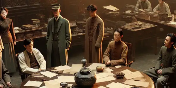 A group of young revolutionaries passionately discussing plans in a vintage meeting room during early 20th century China.