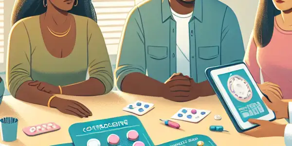 A diverse group discussing modern contraceptive methods in a bright clinic, with various contraceptives displayed on a table.