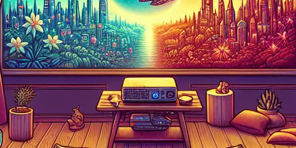 A cozy home cinema scene with a large sci-fi movie screen, plush seating, popcorn, and technology elements.