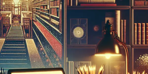 A cozy digital library filled with vintage books, film reels, and classic adult film posters, illuminated by a warm desk lamp.