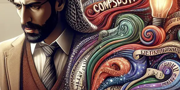 A cozy writing nook with a focused writer, vibrant books, and colorful words swirling around, embodying passion and creativity.