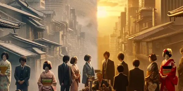 A split scene illustrating the evolution of Japanese adult films from vintage to modern styles, showcasing contrasting aesthetics and themes.