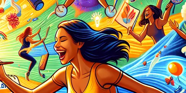 A joyful person engaging in diverse daily challenges, surrounded by colorful activities and bursts of energy.<a href=