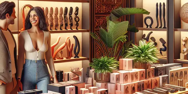 An inviting adult products store with diverse customers browsing quality items in a cozy, elegant atmosphere.