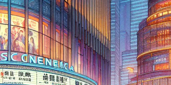 Vibrant exterior of Hang Lung Movie World cinema in Shanghai, bustling with people and bright neon lights at dusk.