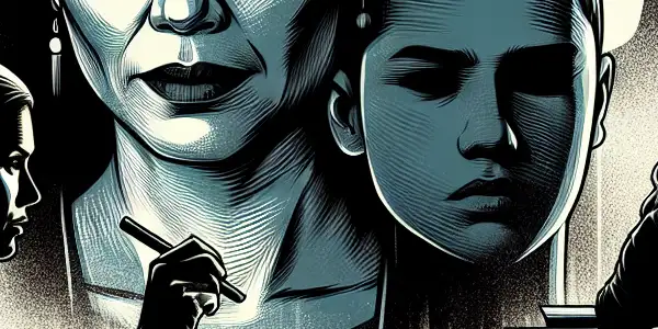 A tense classroom scene with a sorrowful teacher, ghostly student silhouettes, and hints of revenge in a shadowy atmosphere.