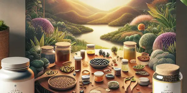 A cozy wellness space featuring natural supplements, fresh produce, and plants, promoting vitality and self-care.