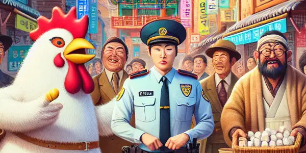 A lively Korean village scene featuring a quirky police officer in a chicken suit and a cheerful rice cake vendor.