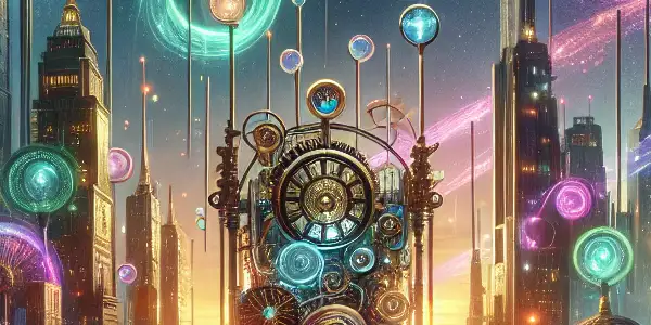 A futuristic cityscape at dusk featuring a steampunk time machine surrounded by colorful time portals and glowing skyscrapers.