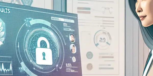 A modern medical office scene emphasizing privacy, featuring a health professional reviewing confidential documents with secure data elements.