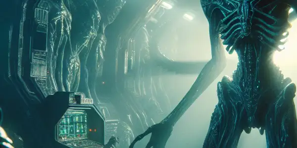 A dark spaceship interior featuring a menacing alien and a terrified crew member in a suspenseful atmosphere.