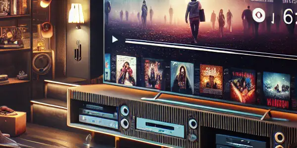 A cozy modern media room with a large-screen TV, comfortable sofa, snacks, and technology for enjoying movies.