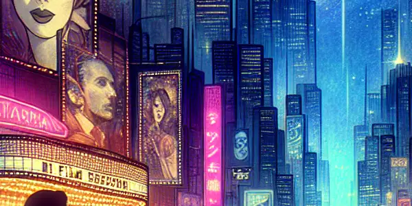 A vibrant neon cityscape at night featuring a film director and actress discussing filmmaking in the Japanese adult film industry.