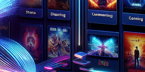 A futuristic digital platform showcasing vibrant Japanese adult film covers with glowing points of light for rewards.