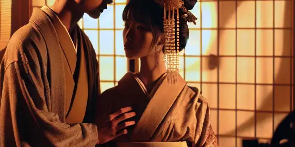 A nostalgic retro scene featuring two protagonists in traditional Japanese attire, set in a vintage film environment.