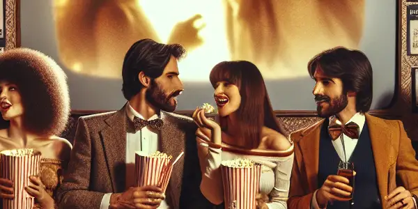 A nostalgic vintage movie theater scene with filmgoers discussing 1980s Japanese adult films, surrounded by classic posters and warm lighting.