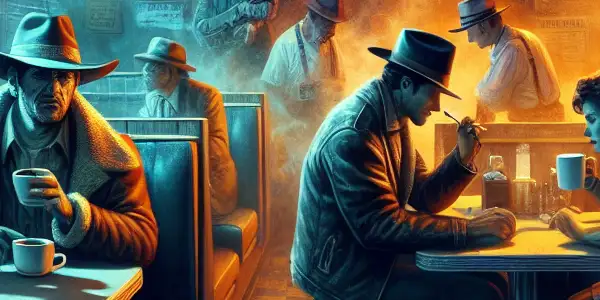 A dimly lit diner scene filled with eclectic characters, tension, and hints of danger in a small town.