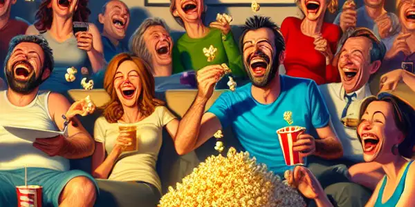 A lively movie night scene with diverse people laughing, surrounded by popcorn and iconic comedy film posters.