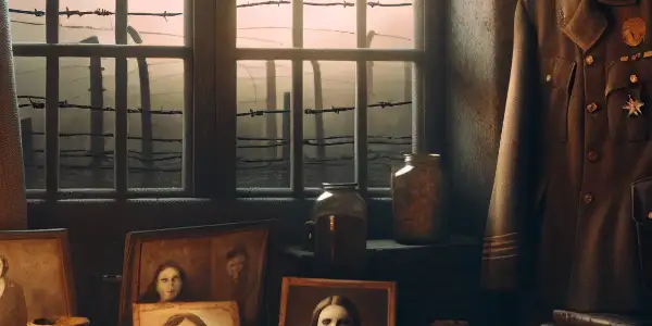 A dimly lit room with historical artifacts, photographs, and a flickering candle, reflecting the somber history of comfort women.