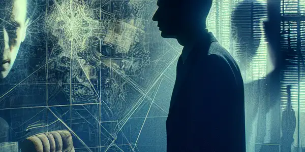 A solitary figure in a dimly lit room, surrounded by shadows, mirrors, and cryptic notes, evokes tension and paranoia.