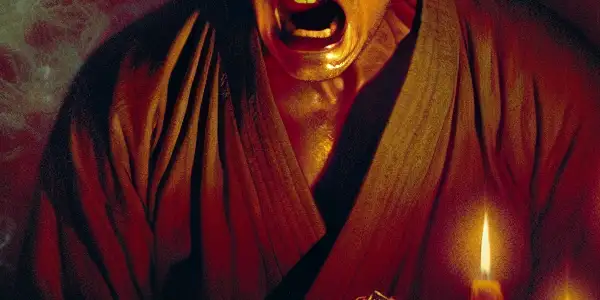 A terrified man surrounded by ritual objects faces ghostly apparitions in a dark, eerie room.