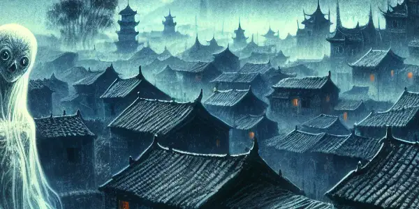 A ghostly figure emerges in an eerie, misty Hong Kong village at dusk, blending humor and horror.
