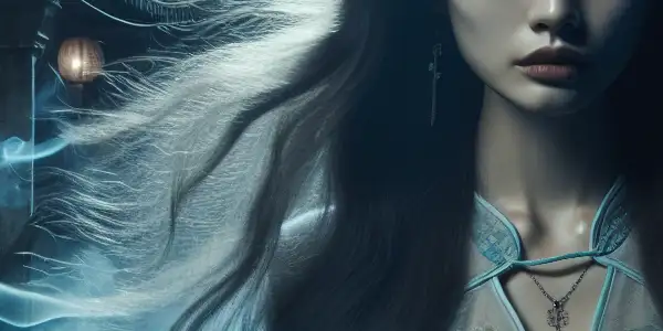 A beautiful female ghost in a tattered traditional dress haunts a misty, moonlit graveyard, blending allure and danger.