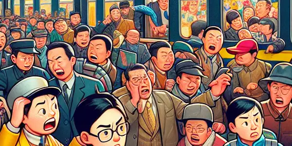 A bustling train station during the Spring Festival, featuring a comedic encounter between a businessman and a migrant worker.