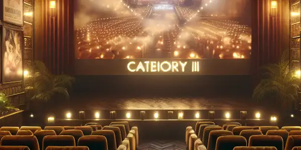 A luxurious dimly-lit viewing room filled with vintage film posters, plush seating, and a large projection screen.