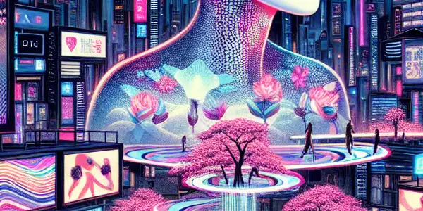 A futuristic cityscape at night featuring diverse people in VR, exploring intimacy amid neon lights and holographic elements.