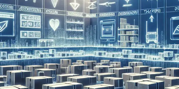 A high-tech warehouse for discreet adult entertainment products, featuring delivery drones and secure package tracking.