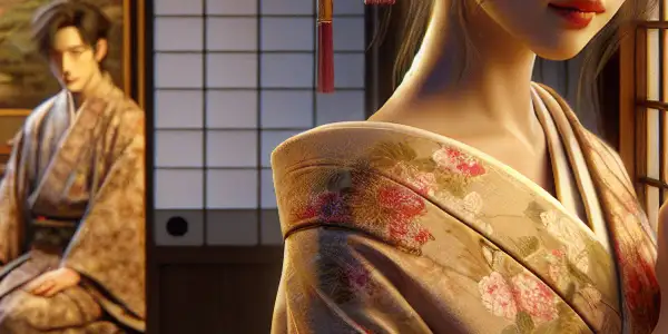 A gentle young woman in a flowing kimono, embodying innocence, in a cozy traditional Japanese home.