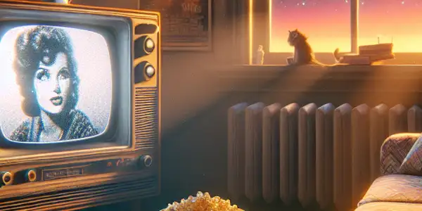 A cozy 1980s room with a vintage TV, retro decor, and nostalgic film memorabilia.