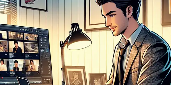 A confident content creator analyzes videos in a stylish home office, surrounded by tech gadgets and adult video platforms.