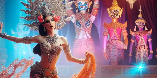 A glamorous transgender performer captivates an audience in a vibrant Thai theater, celebrating cultural richness and cinematic allure.