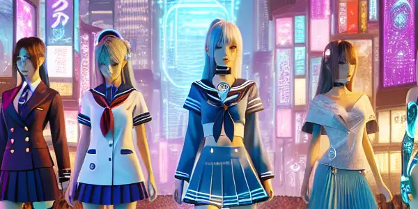 A vibrant futuristic Japanese city hosts a lively adult-themed fashion show featuring stylish uniforms and advanced technology.<a href=