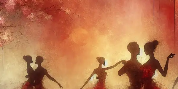 Silhouetted figures dance intimately amidst a vibrant, romantic backdrop of deep reds and soft pinks.