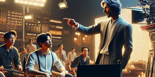 A modern film studio scene featuring a director and actors engaged in a passionate performance, surrounded by high-tech equipment.