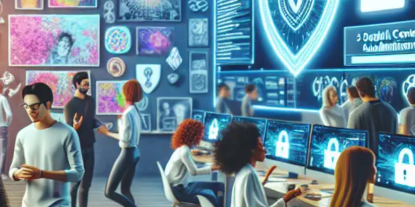 A diverse group of creators collaborates in a modern digital art studio focused on safe adult content submission.