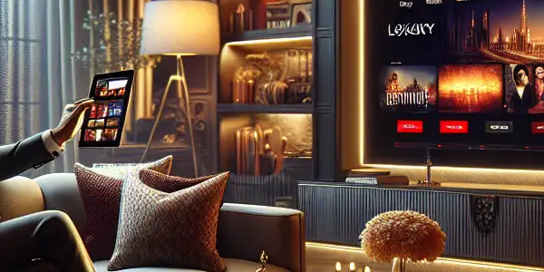 A luxurious living room with a relaxed individual enjoying premium adult content on a tablet in an intimate setting.