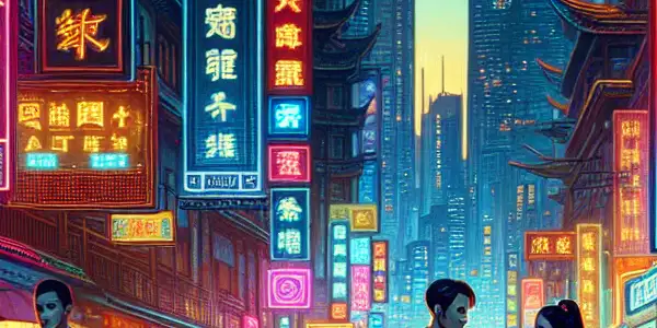 A vibrant urban scene at dusk featuring a stylish couple amidst neon lights, reflecting romance and emotional depth.